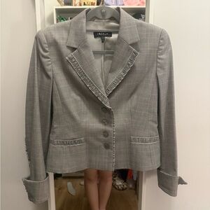 Escada Gray Plaid Ruffled Trim Tailored Blazer